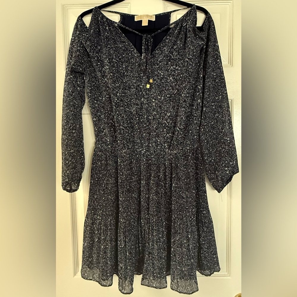 Michael Kors navy blue and white patterned cold-shoulder dress.